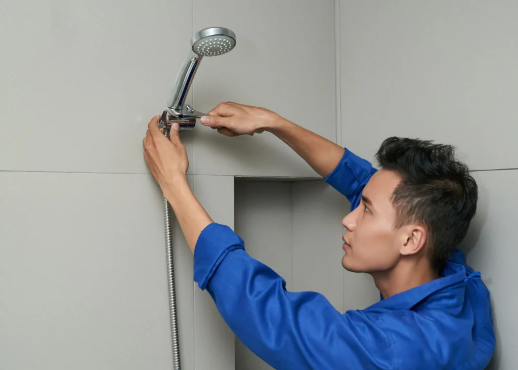 Jackson Mechanical technician testing newly installed showerhead